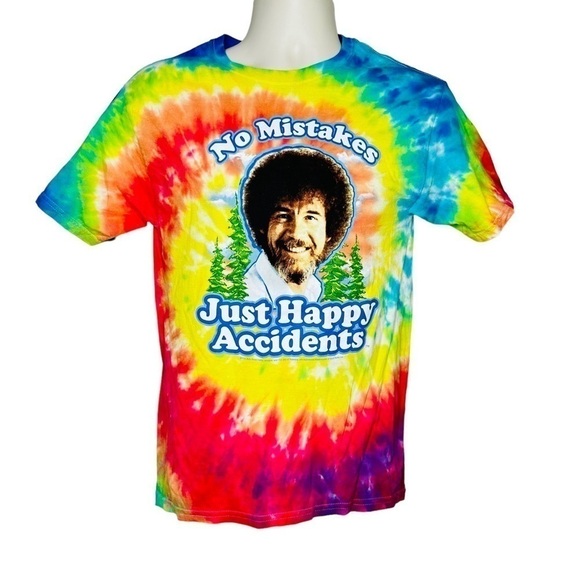 Bob Ross No Mistakes Just Happy Accidents Tie Dye Graphic Tee Size Small - Picture 1 of 4